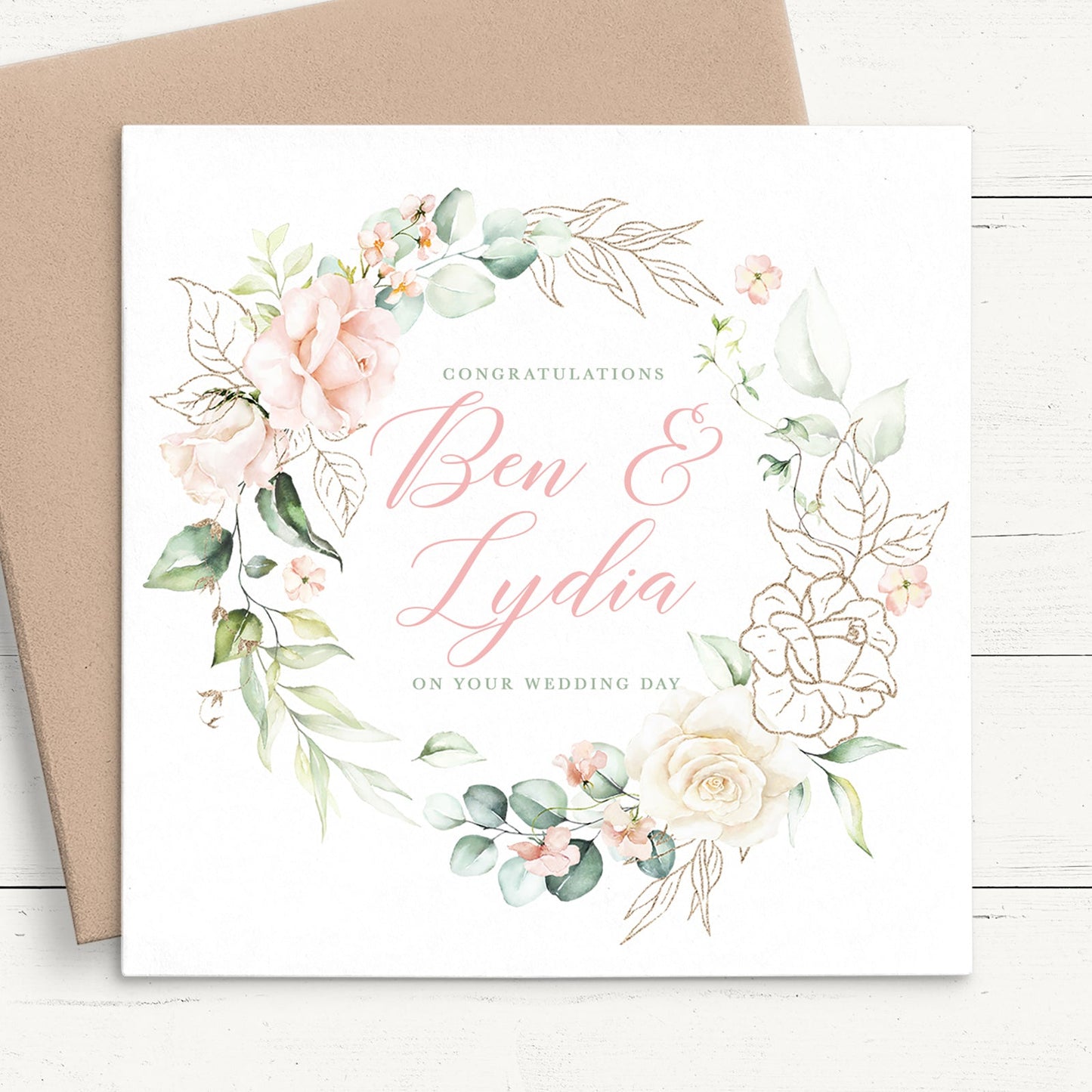 blush pink floral wedding card personalised matte white smooth cardstock kraft brown envelope