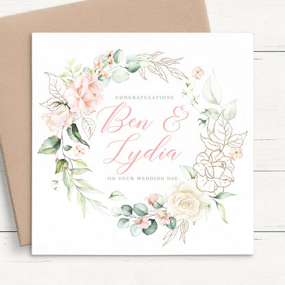 blush pink floral wedding card personalised matte white smooth cardstock kraft brown envelope