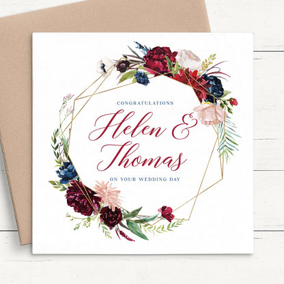 Flower Wedding Card Personalised, Burgundy Watercolour