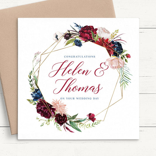 burgundy floral wedding card personalised matte white smooth cardstock kraft brown envelope