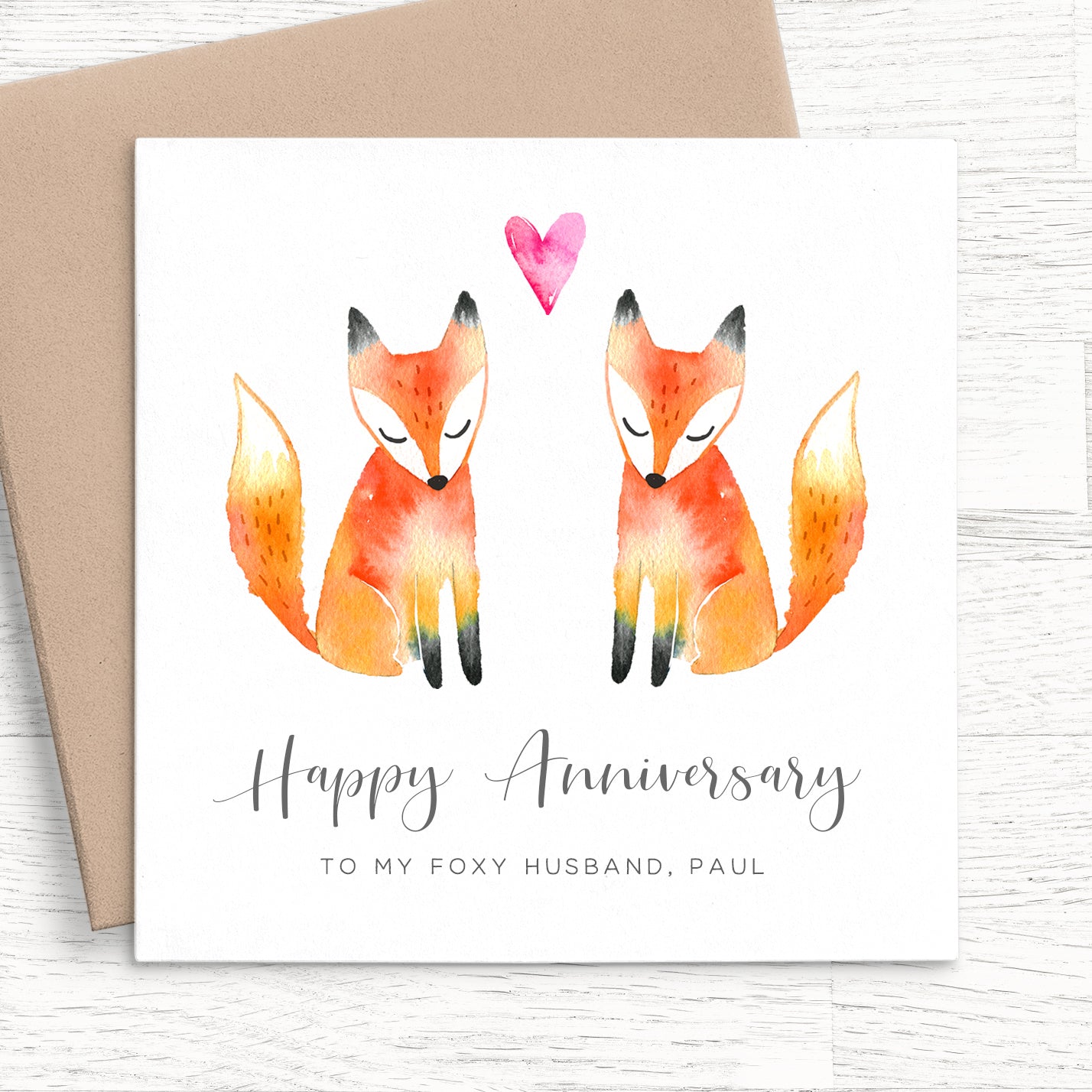 happy anniversary watercolour foxes personalised matte white cardstock kraft brown envelope