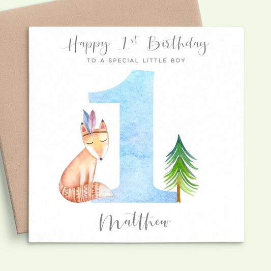personalised first birthday card fox boy matte white cardstock kraft brown envelope