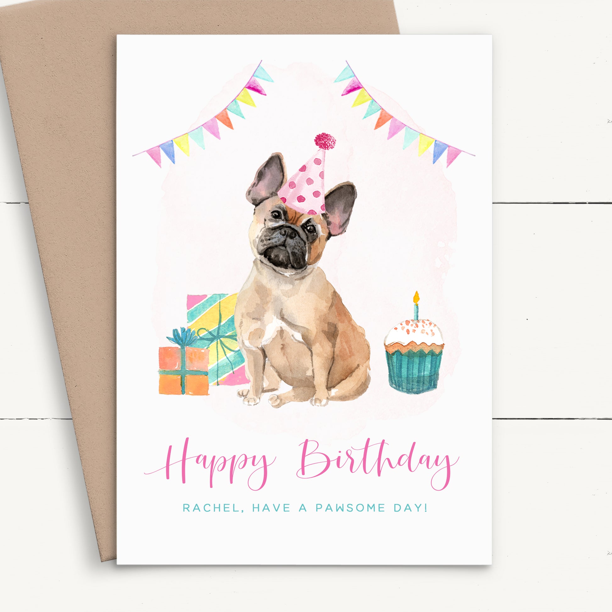 womens cute watercolour french bulldog birthday card personalised smooth matte white cardstock kraft brown envelope