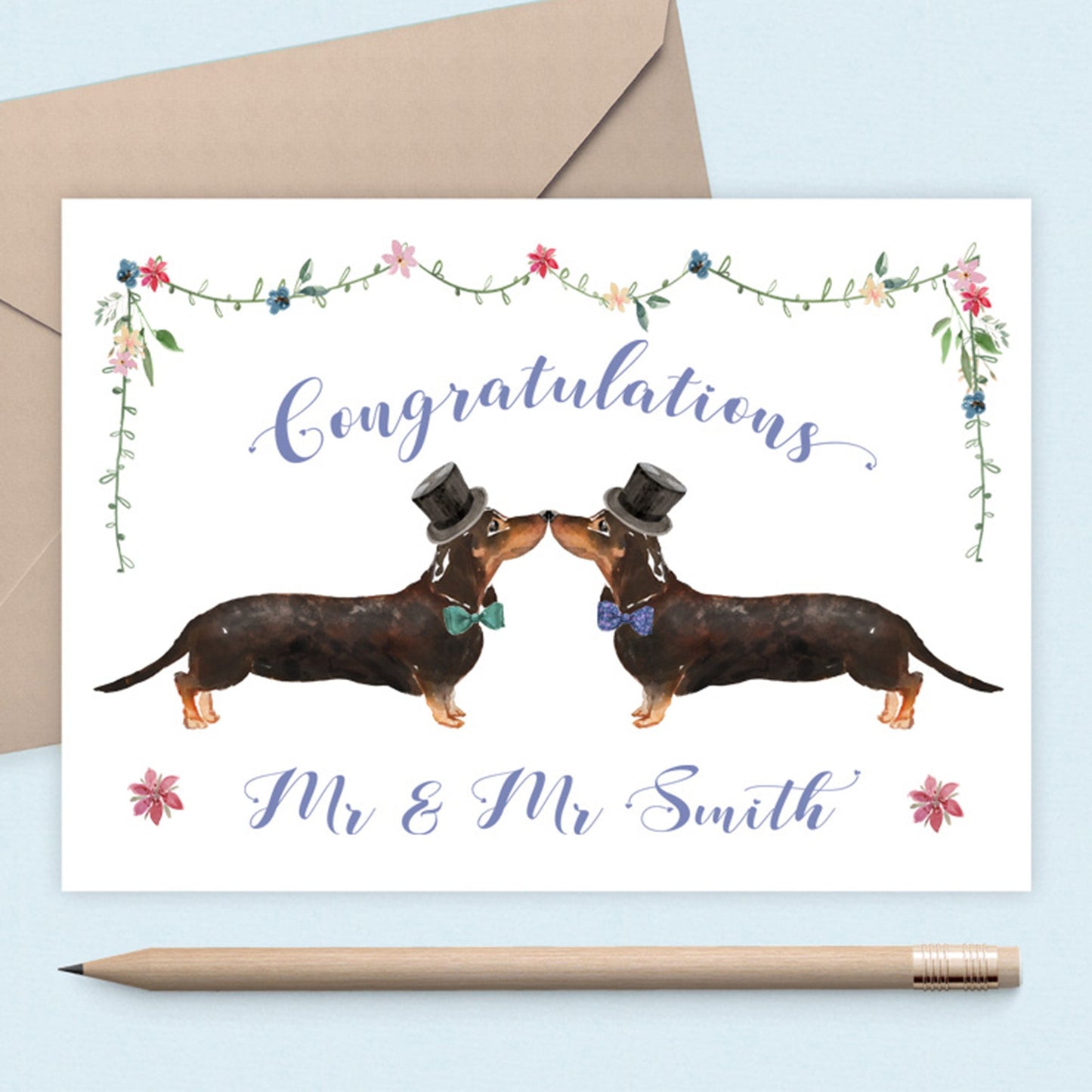 Gay Wedding Greeting Cards Personalised, Watercolour Sausage Dog