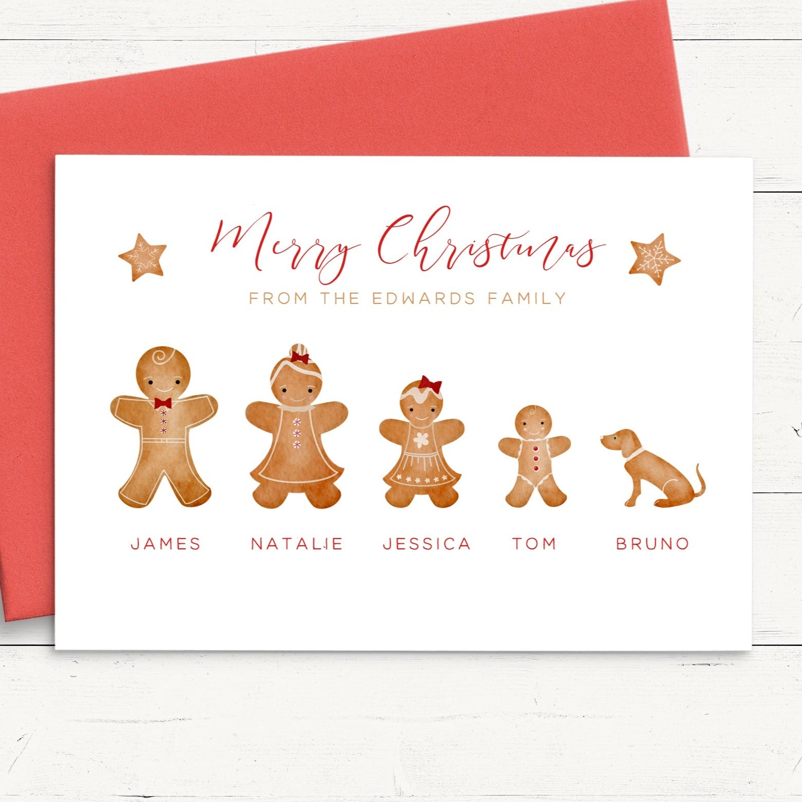 gingerbread people family christmas cards personalised red envelopes matte white cardstock smooth