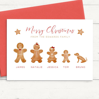 gingerbread people family christmas cards personalised red envelopes matte white cardstock smooth