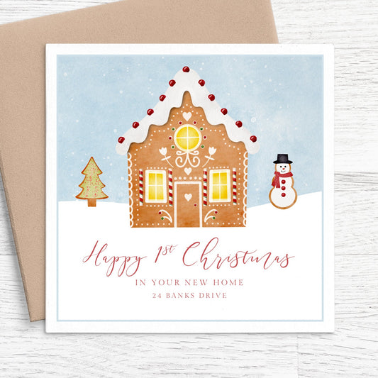 happy 1st christmas in your new home card personalised gingerbread house matte white cardstock kraft envelope