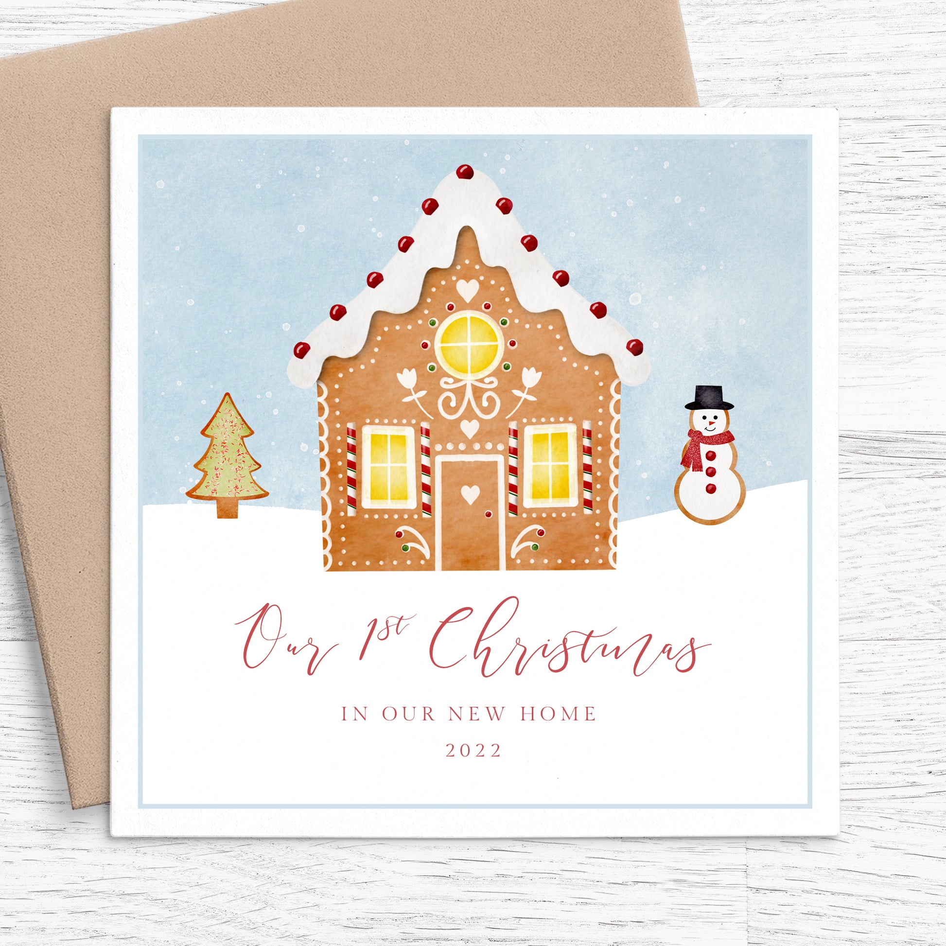 our first christmas in our new home card gingerbread house personalised matte white cardstock kraft envelope