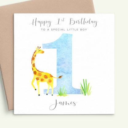 boys giraffe first birthday card personalised matte white cardstock kraft brown envelope