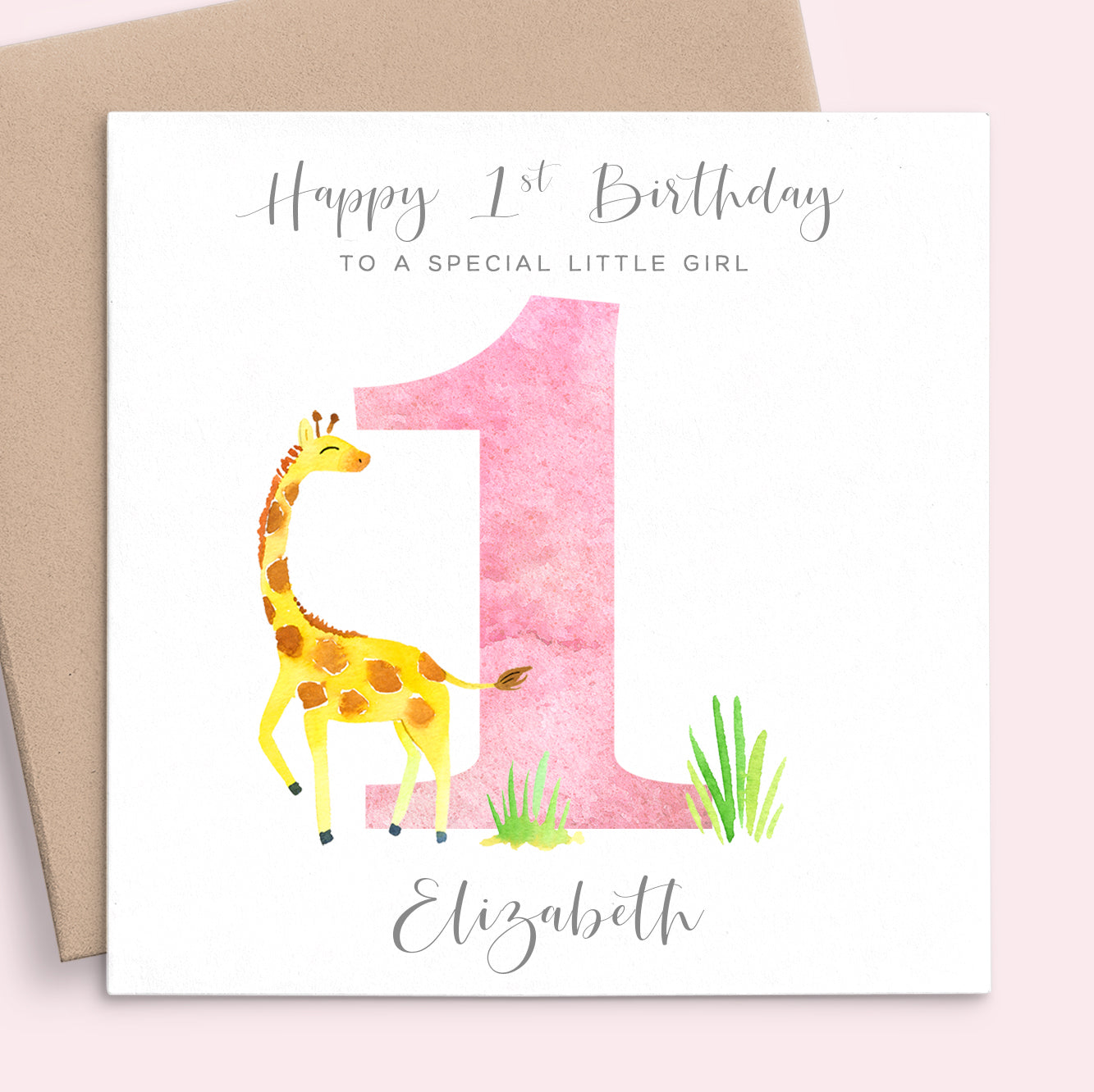 pink watercolour giraffe first birthday card special girl personalised with name square white cardstock kraft brown envelope