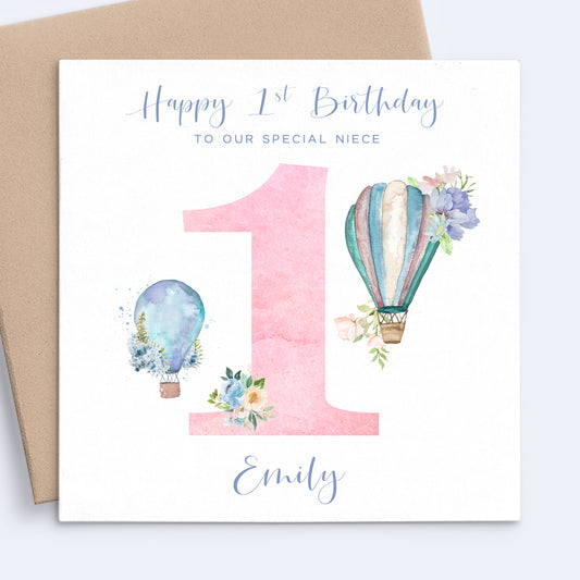 girls hot air balloon first birthday card personalised matte white cardstock kraft brown envelope