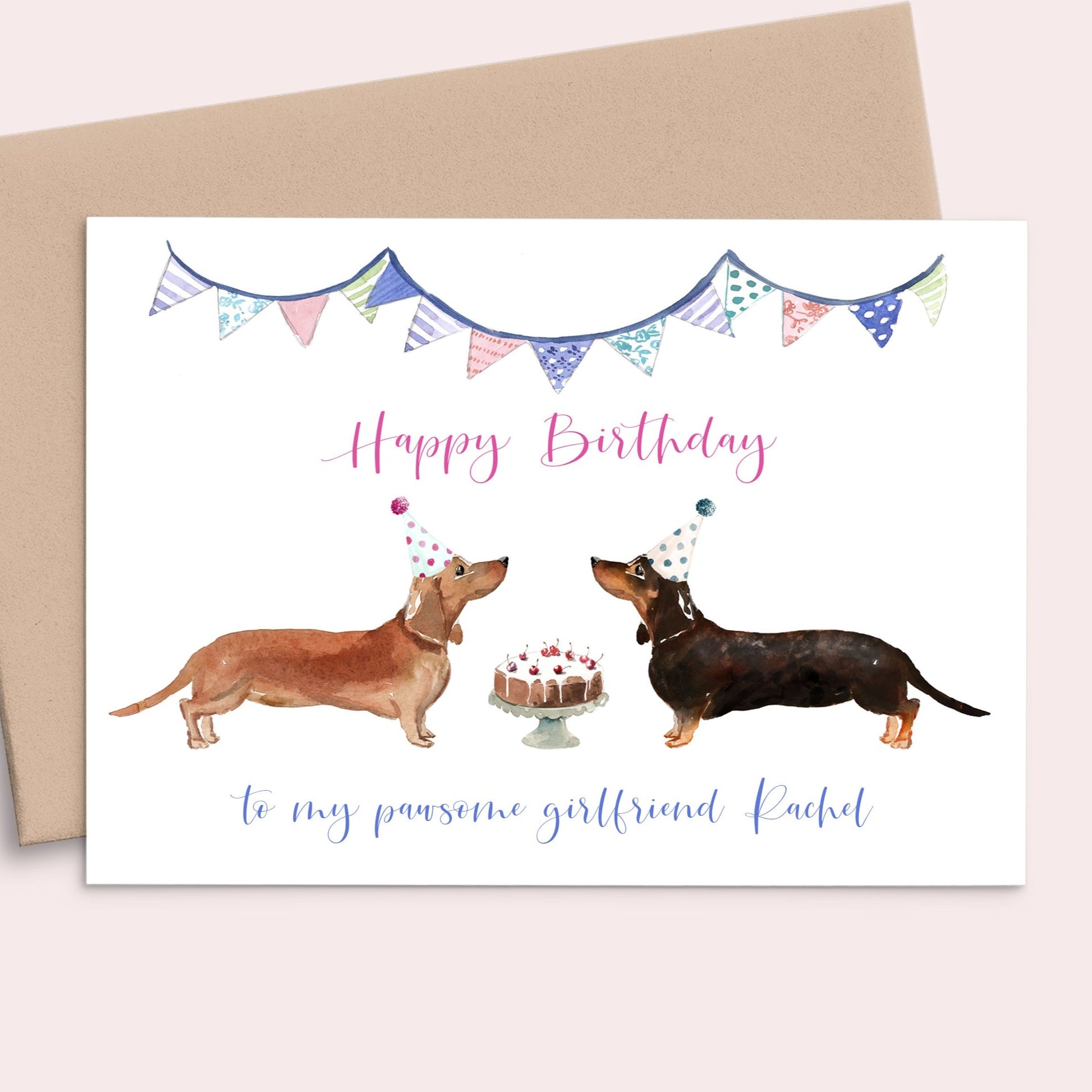 watercolour dachshund birthday card girlfriend personalised matte white cardstock kraft brown envelope
