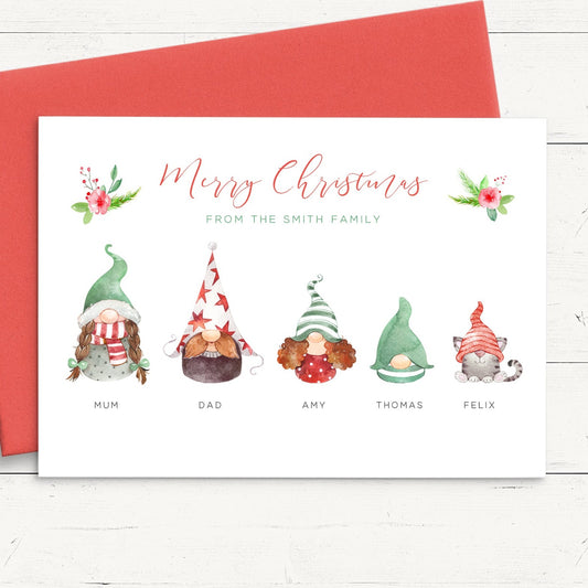 gnome gonks family christmas cards personalised pack red envelopes matte white cardstock