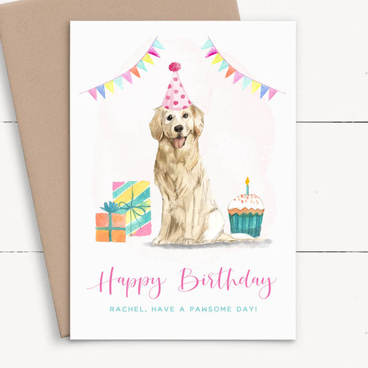 womens cute watercolour golden retriever birthday card personalised smooth matte white cardstock kraft brown envelope