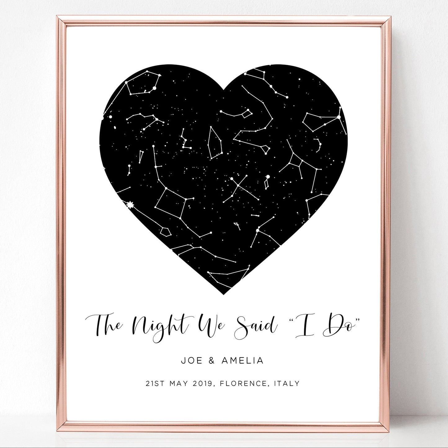 star map heart shaped couple wedding the night I said I do personalised black white matte paperstock unframed