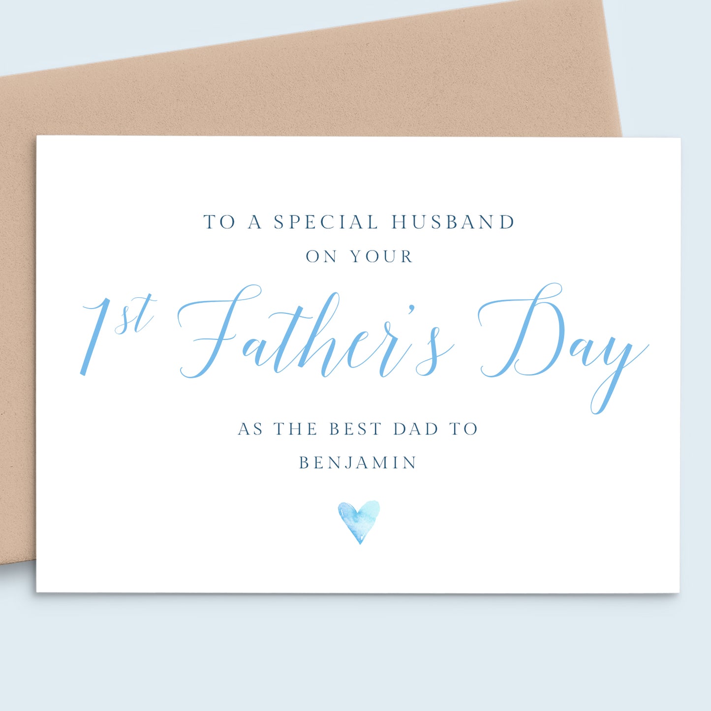 1st Fathers Day Card for Husband, Personalised Blue Script