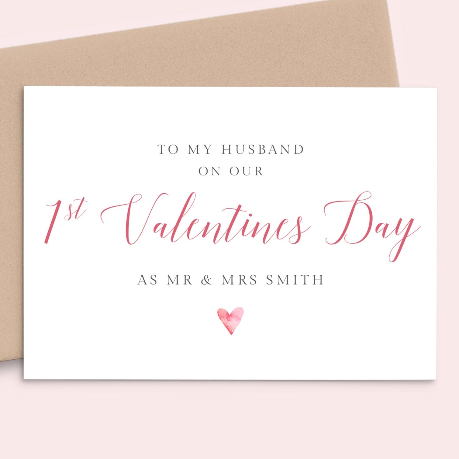 calligraphy 1st valentines day as mr and mrs card husband personalised with name matte white cardstock kraft brown envelope