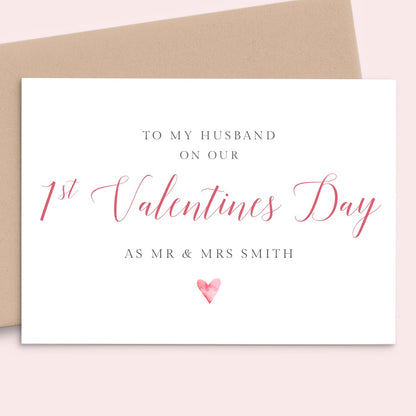 calligraphy 1st valentines day as mr and mrs card husband personalised with name matte white cardstock kraft brown envelope