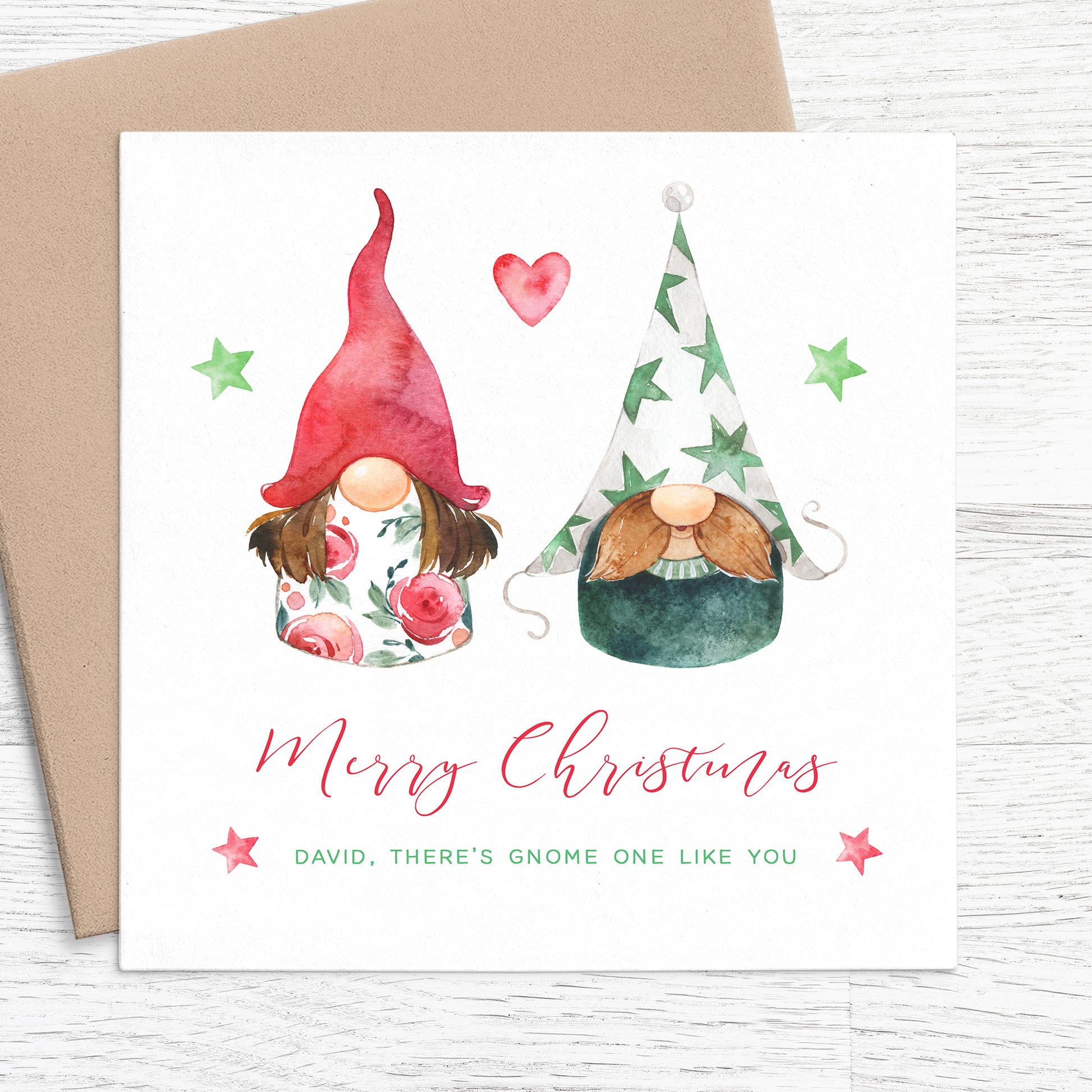 gonk gnome merry christmas husband personalised christmas card pun matte white cardstock kraft brown envelope husband wife married