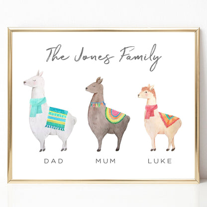 watercolour llama family print personalised with names matte paperstock unframed