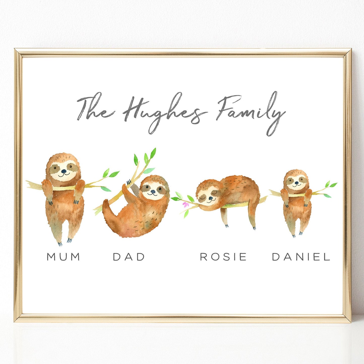 Personalised Wall Art Family Gift, Watercolour Sloths Design