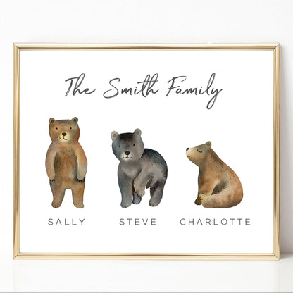 Personalised Family Prints Watercolour, Cute Bears Design
