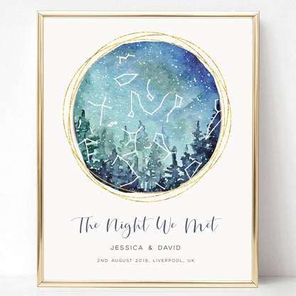 Watercolour Star Map with Constellations, Customised by Date
