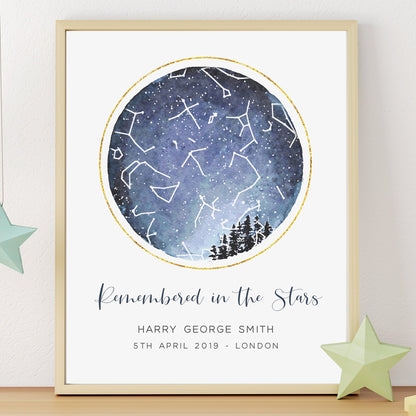 star map print personalised blue miscarriage unframed date location matte paperstock
