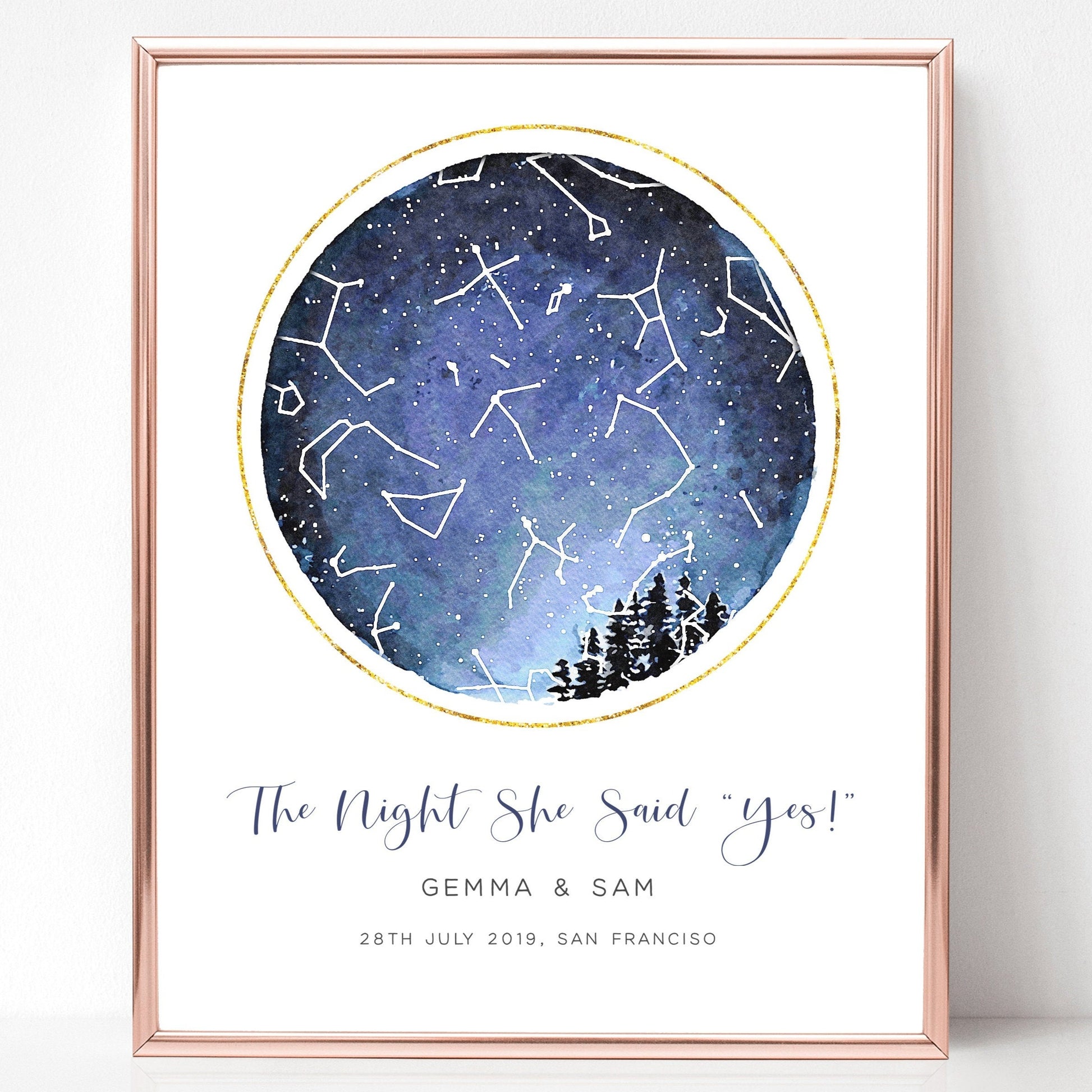 navy blue watercolour night sky map print personalised couple engagement unframed matte white paperstock