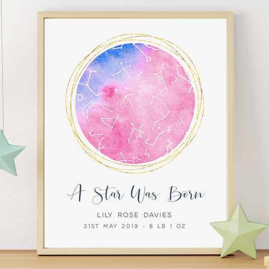 pink watercolour a star was born star map print personalised baby girl birth unframed matte white paperstock
