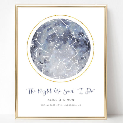 Watercolour Map of the Stars in the Sky, Personalised by Date