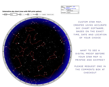 Watercolour Star Map with Constellations, Customised by Date