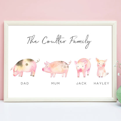 watercolour pigs family print personalised with names unframed matte paperstock