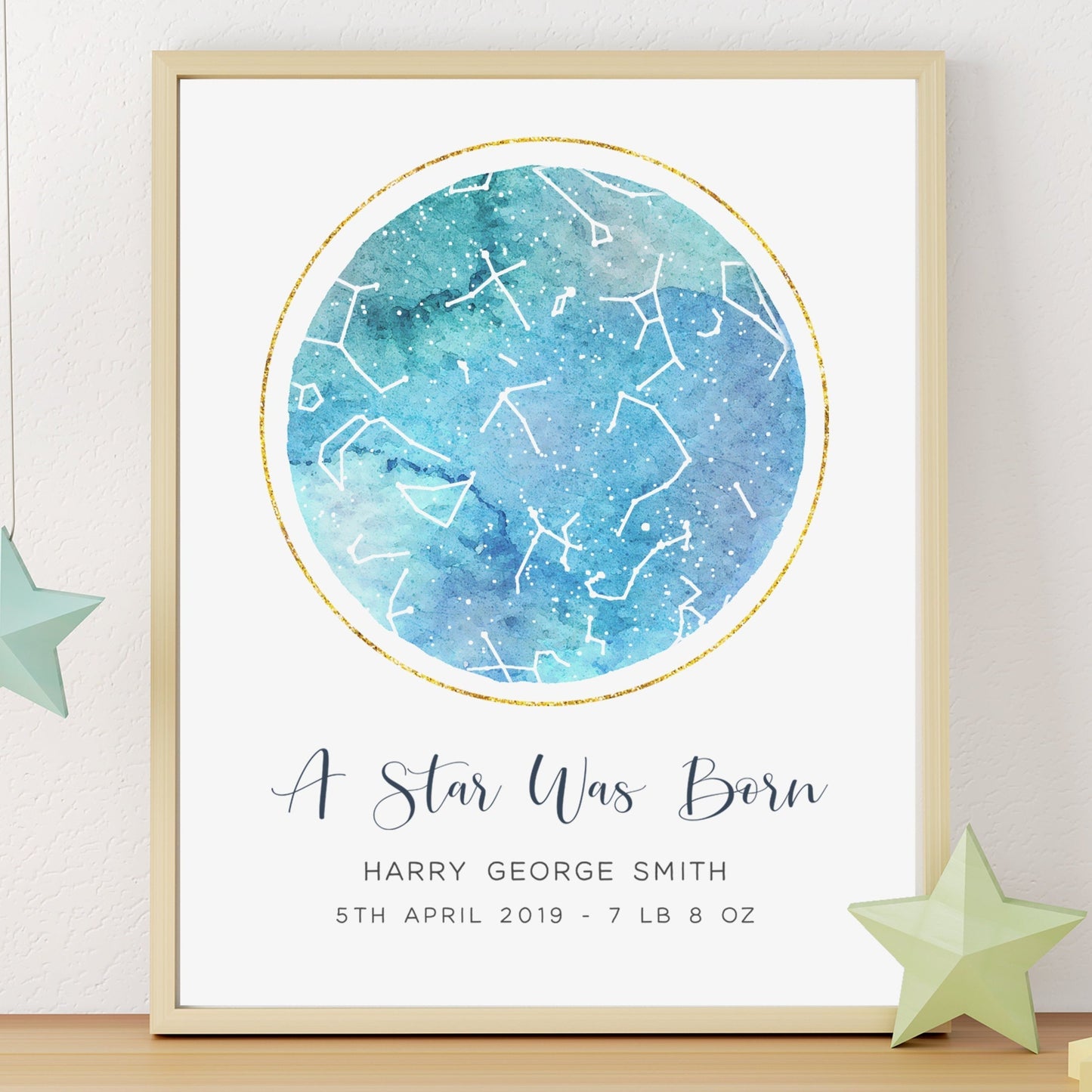 a star was born watercolour blue star map print personalised baby boy birth unframed matte white paperstock
