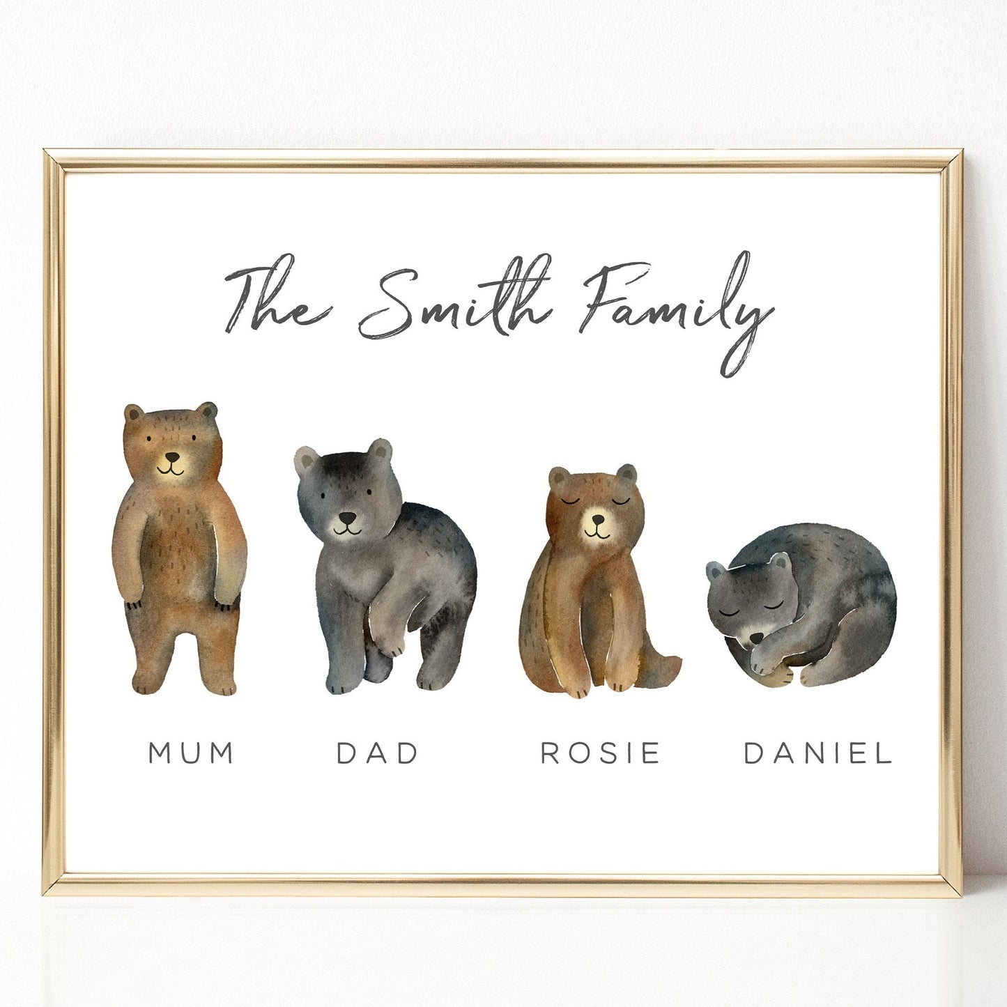 watercolour bear family print personalised with names unframed matte paperstock