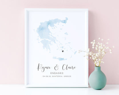 Engagement Map Print Personalised, Watercolour Country Map