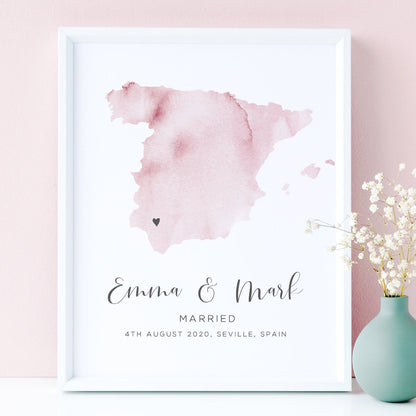 married map print watercolour country location spain personalised unframed matte paperstock