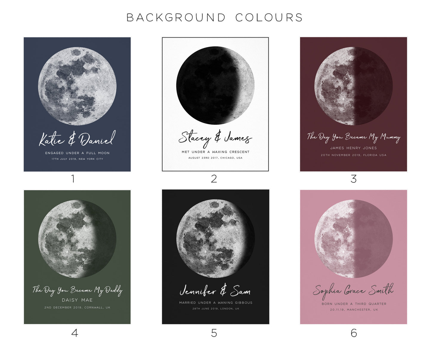 Watercolour Moon Phase Prints, Customised by Date and Location