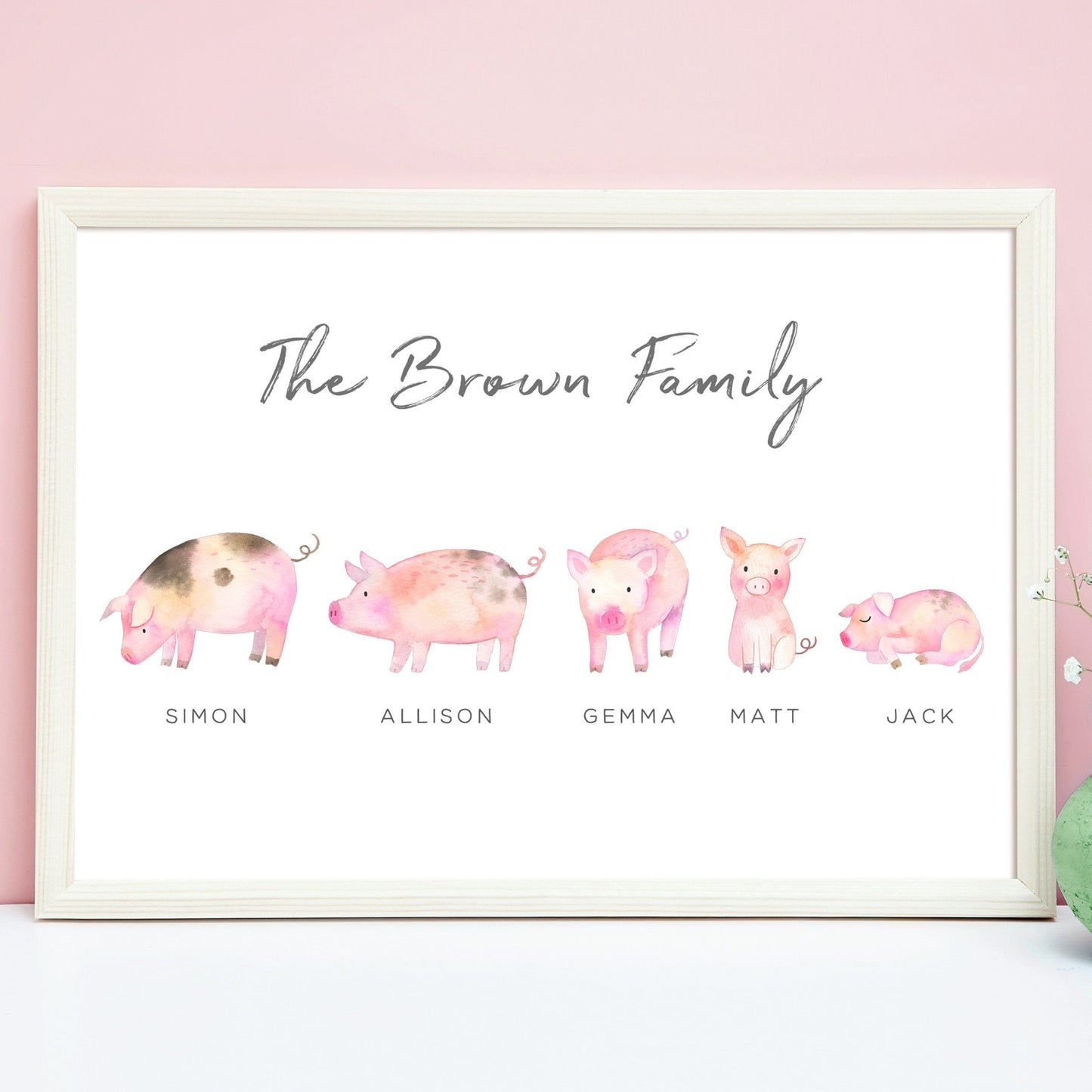 Personalised Family Print Art, Watercolour Pigs Design