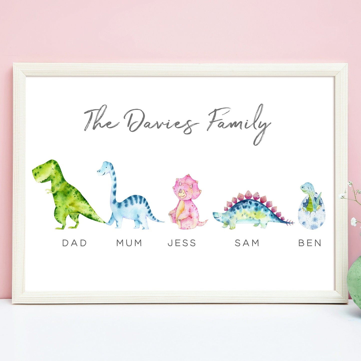 watercolour dinosaur family print personalised with names unframed matte paperstock