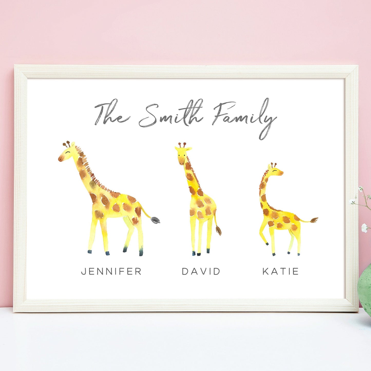 Family Wall Pictures Personalised, Watercolour Giraffes Design