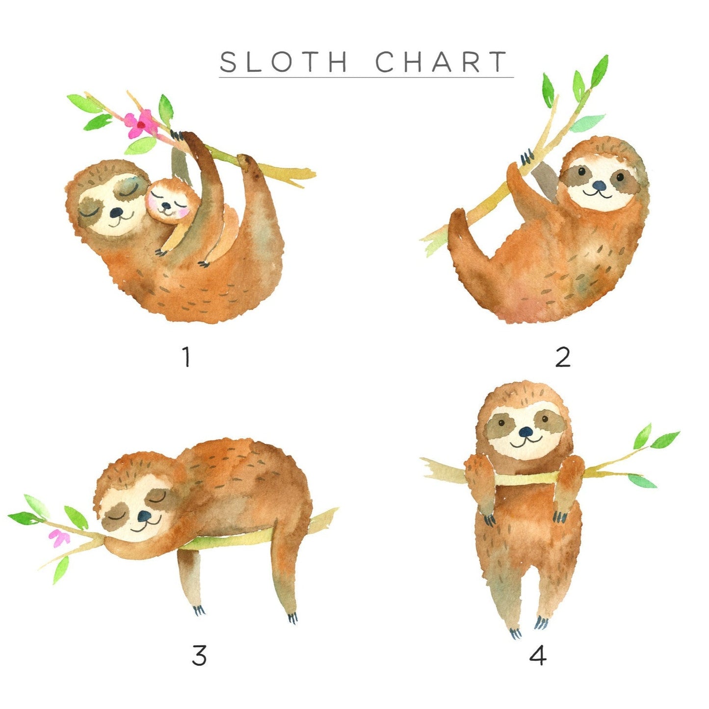 Personalised Wall Art Family Gift, Watercolour Sloths Design