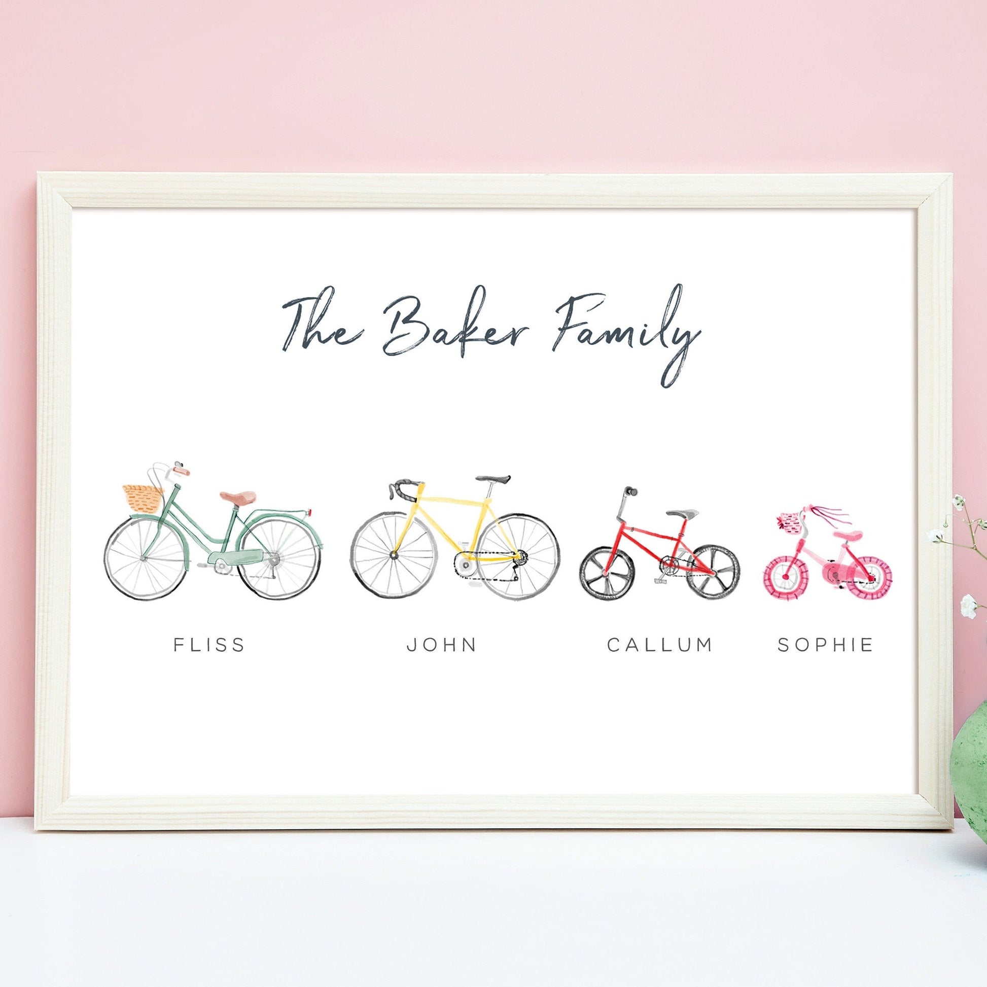 watercolour family bikes bicycles print personalised with names unframed matte paperstock