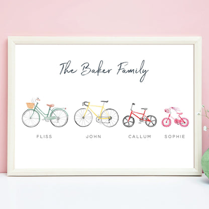 watercolour family bikes bicycles print personalised with names unframed matte paperstock