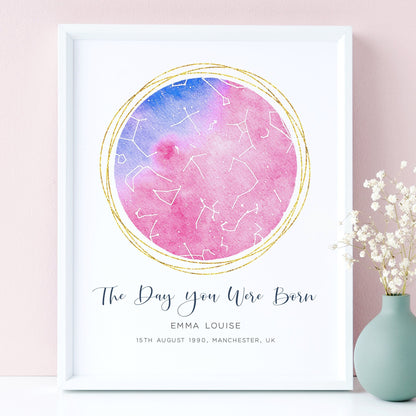 pink watercolour personalised star map print the day you were born unframed matte white paperstock