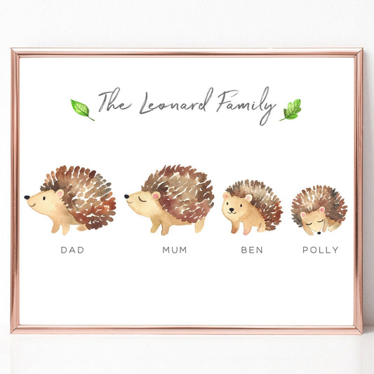 watercolour hedgehog family print personalised with names unframed matte paperstock
