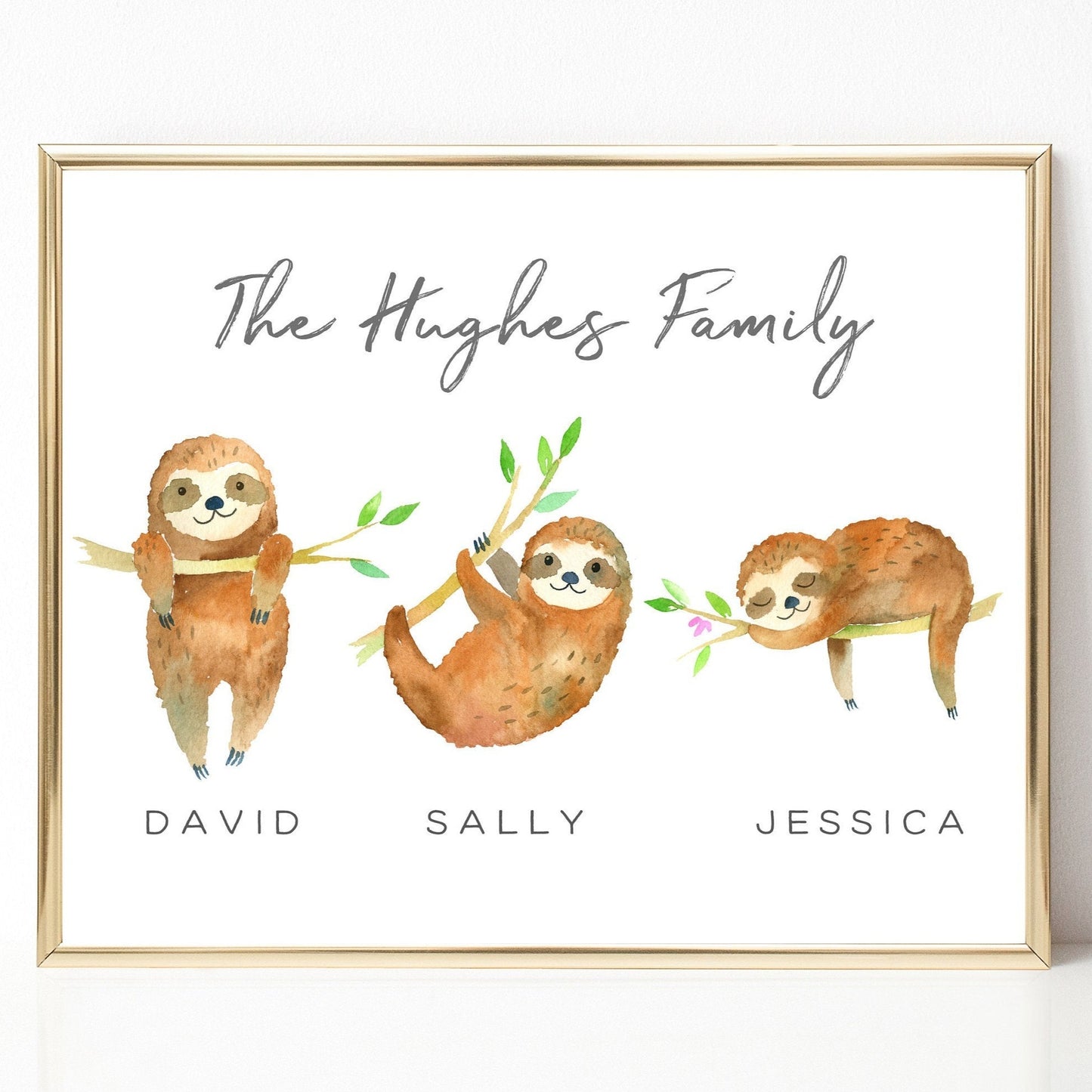 watercolour sloth family print personalised with names unframed matte paperstock