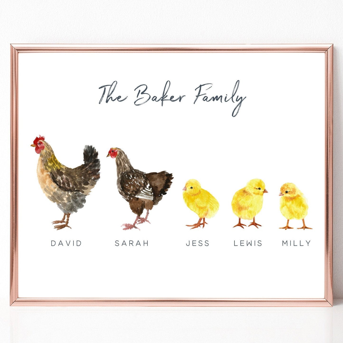 watercolour chickens chicks family print personalised with names unframed matte paperstock