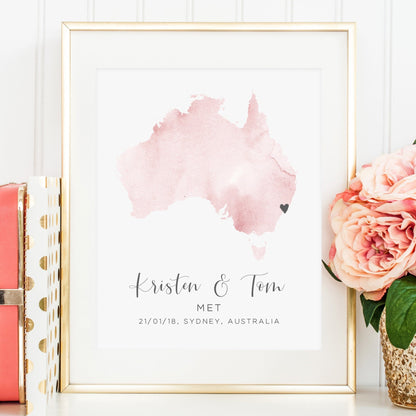 watercolour country map personalised where we met australia matte paperstock unframed