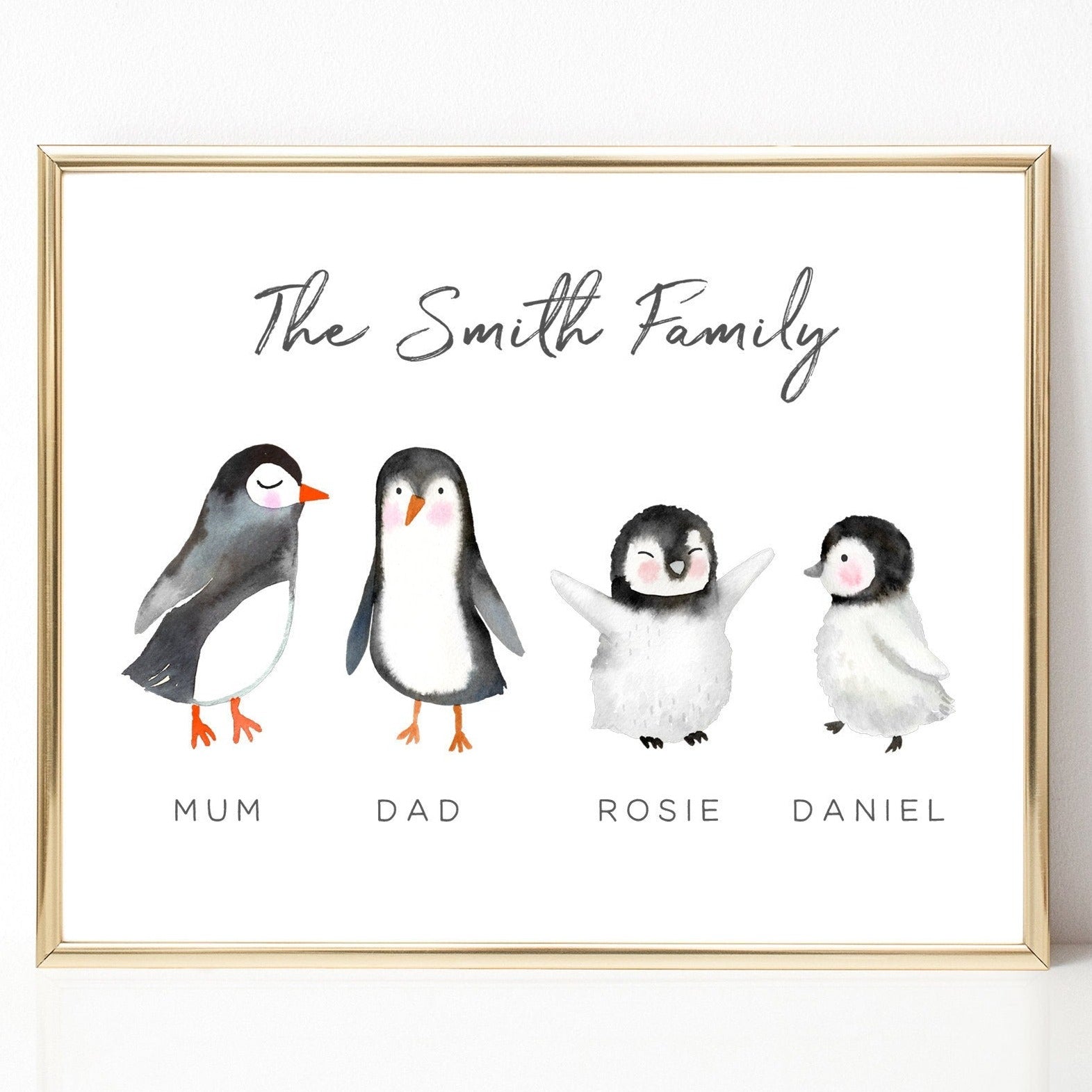 watercolour penguin family print personalised unframed matte paperstock